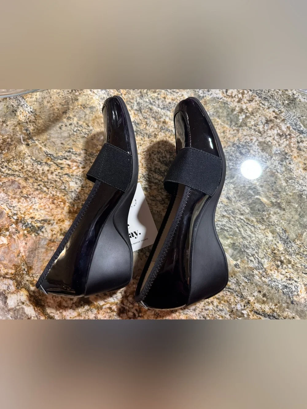 EUC Anne Klein Sport Black Patent Wedge Loafers with Elastic Strap